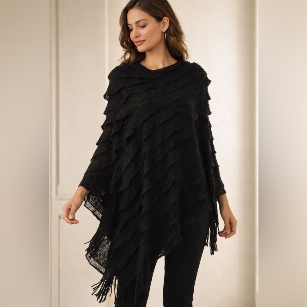 Ruffle Layered Poncho with Fringes OS